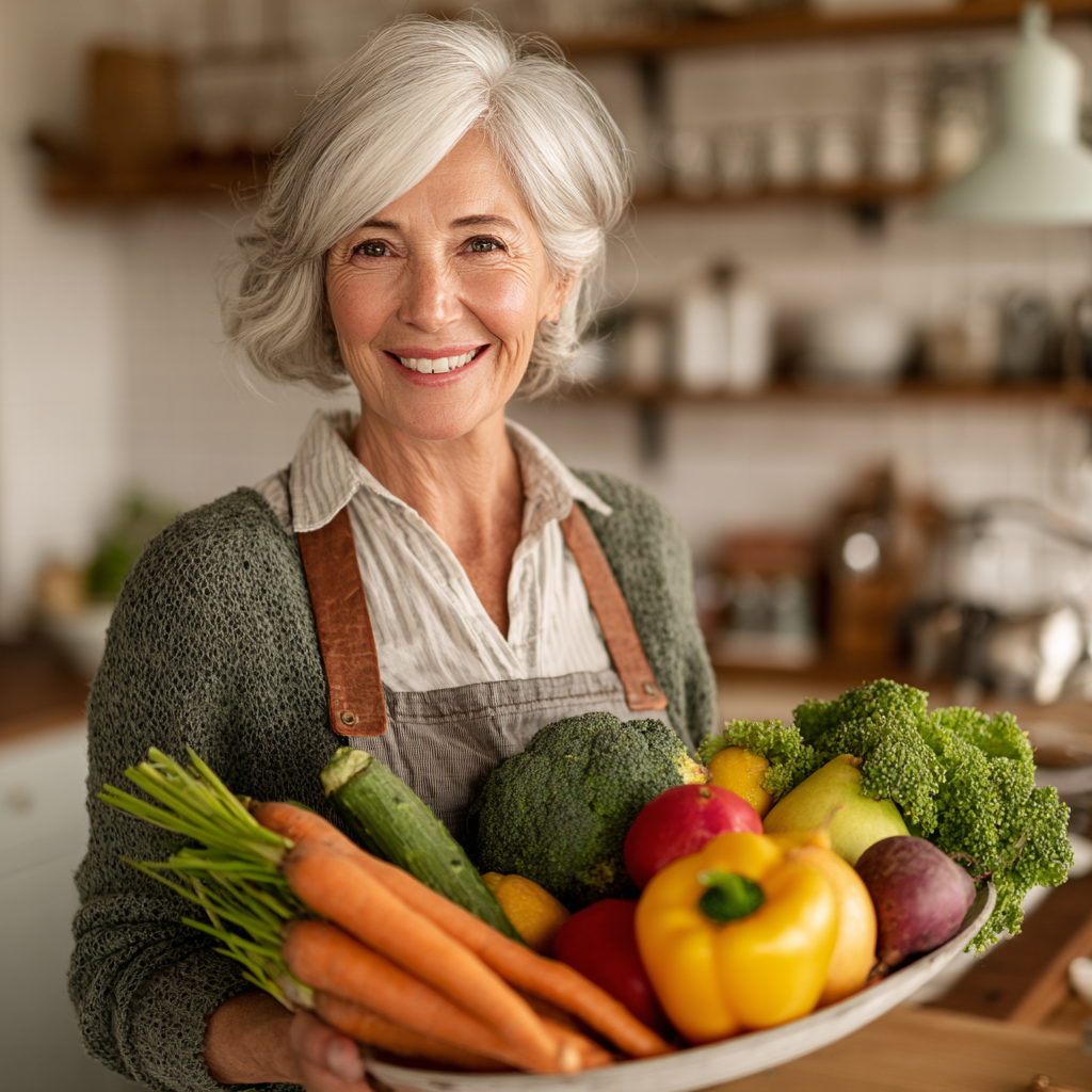 Жінка 55 років усміхається, тримаючи тарілку зі свіжими овочами та фруктами на кухні
